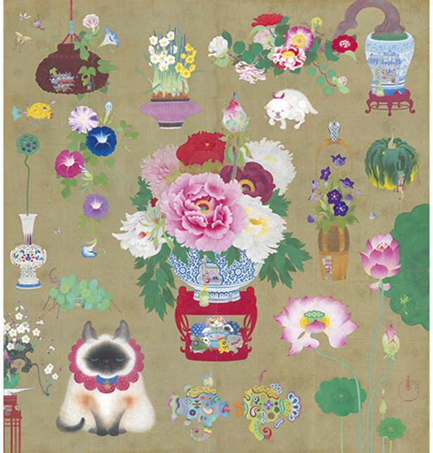 「三珍魚六地蔵十猫図」170×160cm 紙本・岩彩