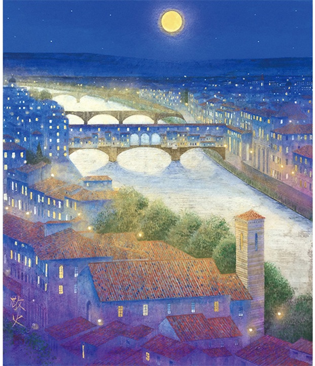 『ベッキオ橋の夜』
岩絵の具・F10号