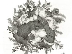 「調和する惑星～キタキツネとウサギ～」 アクリルインク・和紙（麻紙） 2025年 39.3×47.6㎝