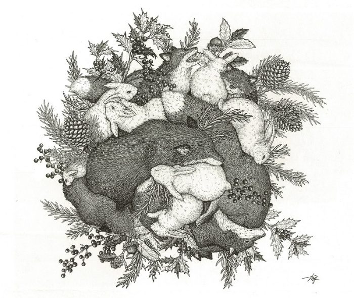 「調和する惑星~キタキツネとウサギ~」 アクリルインク・和紙(麻紙) 2025年 39.3×47.6㎝