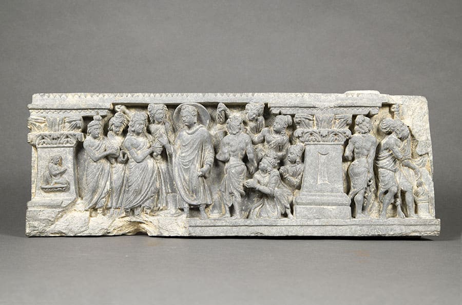 仏伝浮彫「三迦葉の帰仏」　ガンダーラ　２～３世紀　龍谷大学