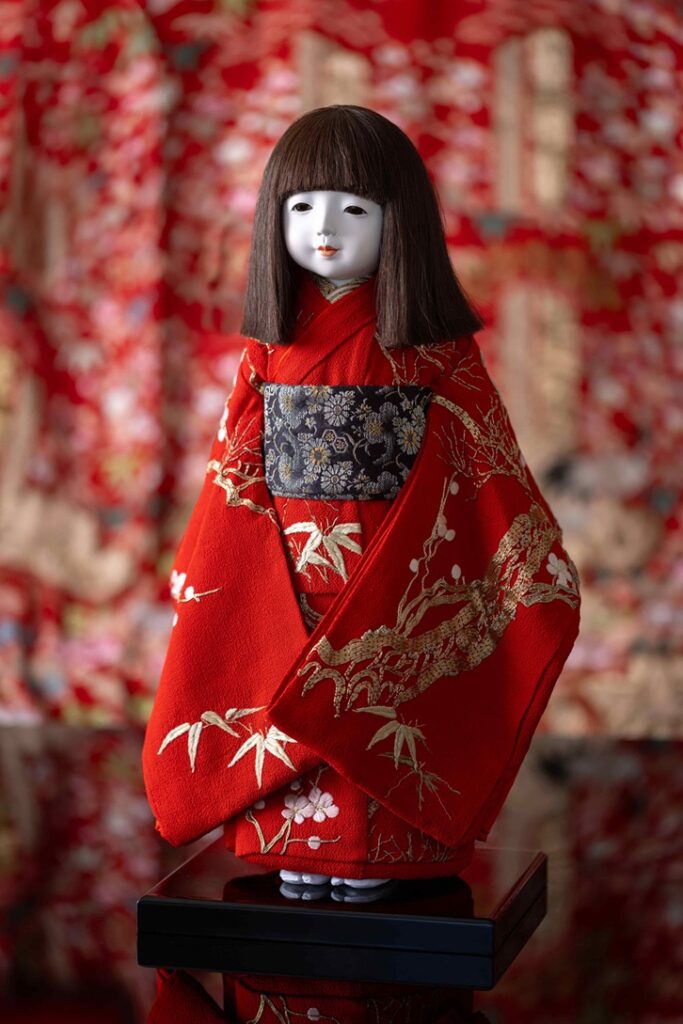 「市松人形」46.5cm胡粉、膠、人毛、明治時代古裂