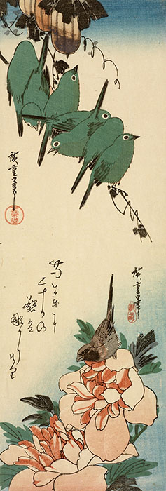 歌川広重《烏瓜に目白/芍薬に小鳥》中短冊判錦絵 天保3-6年(1832-35)頃 RISD美術館蔵
Courtesy of the Museum of Art, Rhode Island School of Design, Providence
Gift of Mrs. John D. Rockefeller, Jr.
