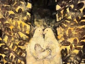 土井沙織「100年後の約束」2025年、h183×w139×d4.5㎝、パネルに寒冷紗、石膏、水干、弁柄、ピグメント