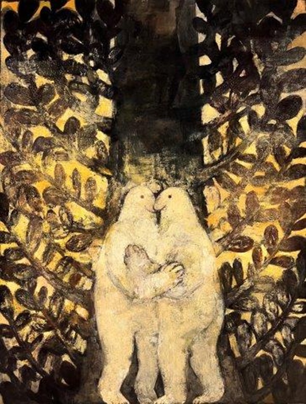 土井沙織「100年後の約束」2025年、h183×w139×d4.5㎝、パネルに寒冷紗、石膏、水干、弁柄、ピグメント