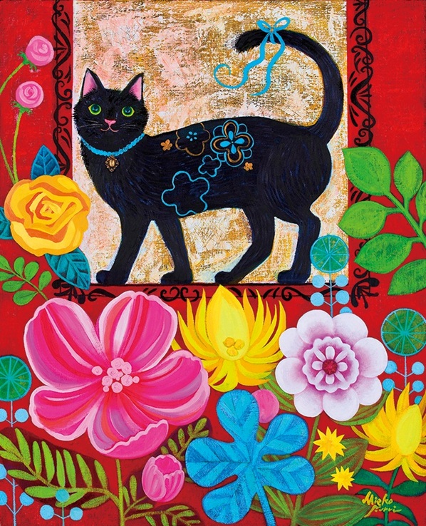 フルイミエコ　「祝花と黒猫」 25F 油彩