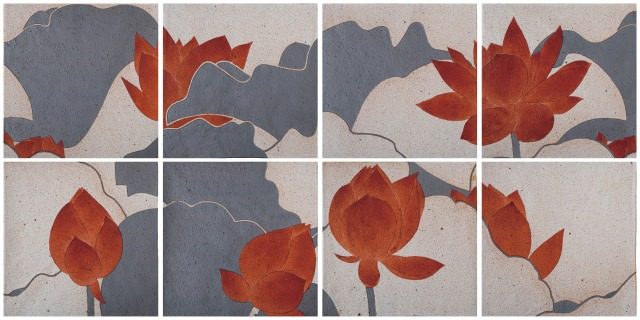 「蓮池図陶板」8枚1組
横108×縦53.5×厚0.8㎝