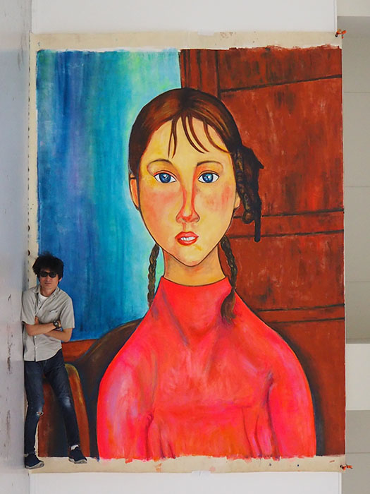 斉と公平太《「モディリアーニのおさげ髪の少女」の模写》（制作風景）2025年、作家蔵