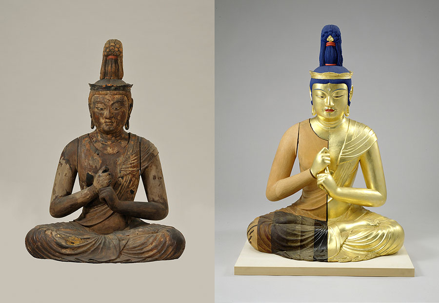 右）信太司「快慶作大日如来坐像による木彫仏像技法研究」1987年　東京藝術大学所蔵
左）快慶・安阿弥「大日如来坐像」鎌倉時代/12世紀末-13世紀初　東京藝術大学所蔵