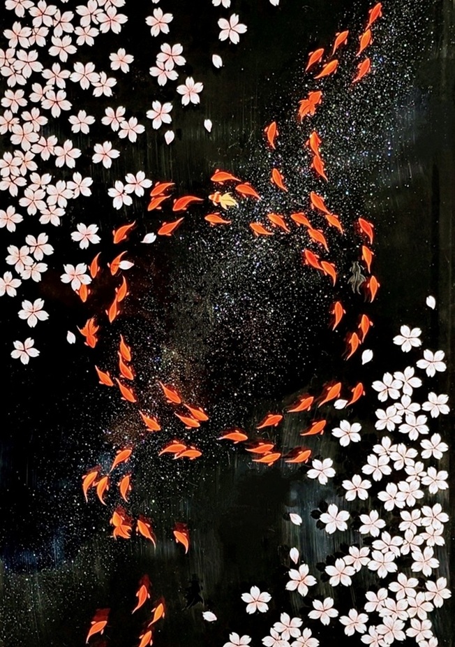 「夜桜」</span>40×60cm<br />本漆、螺鈿、プラチナ、パネル