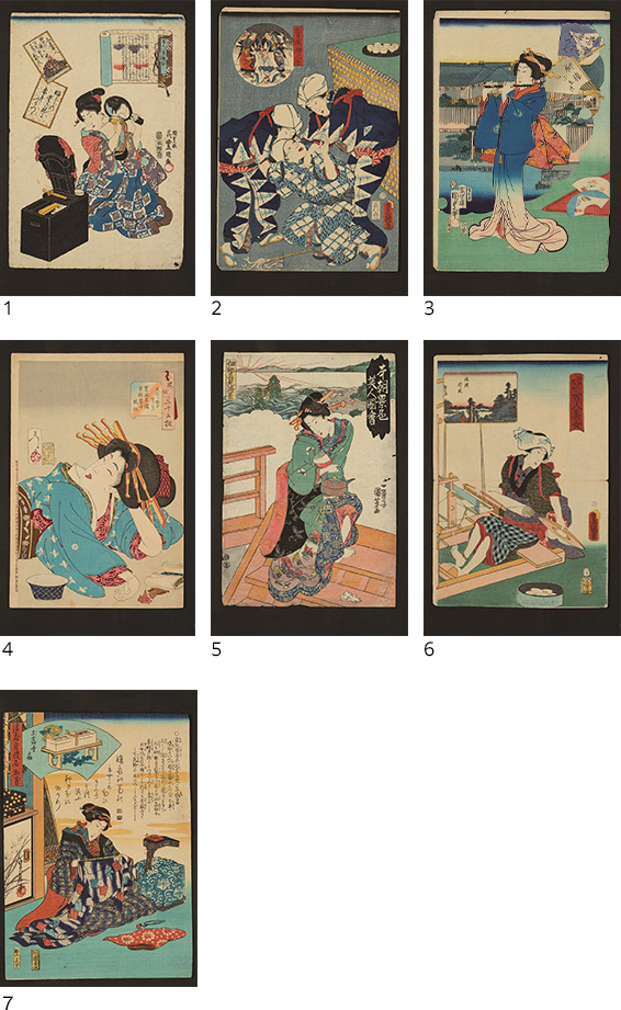 1. 三代歌川豊国 『百人一首絵抄　山部赤人』天保14－弘化4年（1843－47）　個人蔵 2. 三代歌川豊国 『忠臣蔵絵兄弟　十一段目』安政6年（1859）　個人蔵 3. 　歌川国貞 『当世好すがたのあつらへ　柳楼小ゑつ』　慶応3年（1867）　個人蔵 4. 　月岡芳年 『風俗三十二相　しだらなさそう』 明治21年（1888）　個人蔵 5. 　歌川国芳 『本朝景色美人図会　伊勢二見浦景』文化8－11年（1811－14）　個人蔵 6. 　三代歌川豊国 『江戸名所百人美女　根津権現』安政5年（1858）　個人蔵 7. 　長谷川貞信 『浪花自慢名物尽　玉露堂扇』19世紀　個人蔵