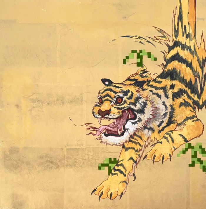 樋口絢女　 虎二笹　S6号 麻紙、箔、岩絵具、顔彩