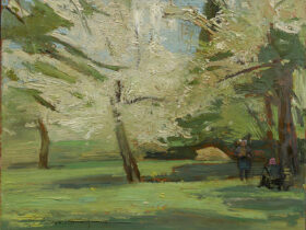 金山平三《梨園》制作年不詳　新収蔵作品