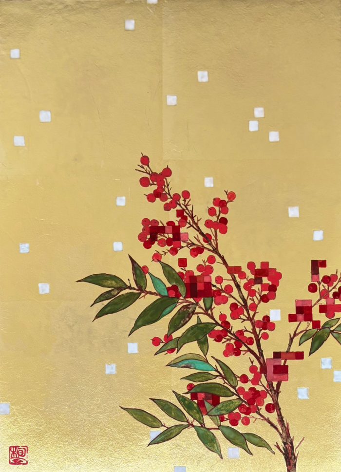 樋口絢女　

点と点　F4号　　

麻紙、箔、岩絵具、顔彩