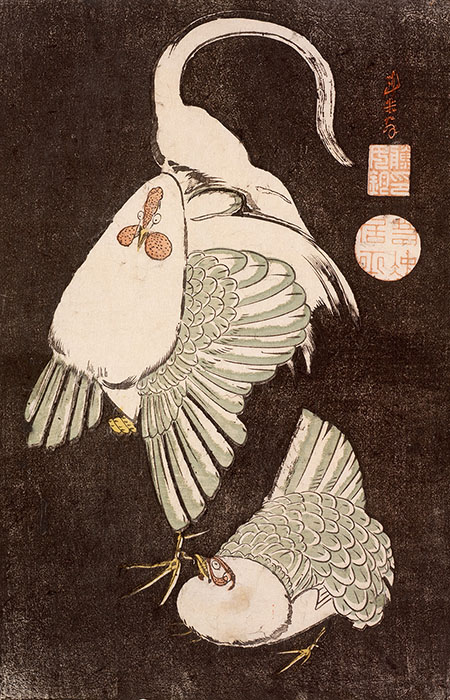 伊藤若冲《雌雄鶏図》木版彩色摺 江戸時代 RISD美術館蔵
Courtesy of the Museum of Art, Rhode Island School of Design, Providence
Gift of Mrs. John D. Rockefeller, Jr.