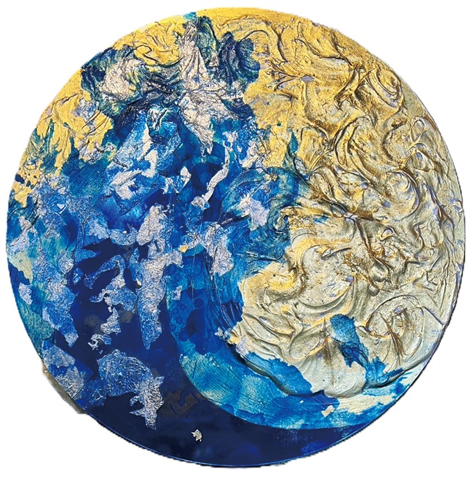 裕人礫翔　「宙月」 直径50.0cm
本金箔・プラチナ箔・アクリル鏡