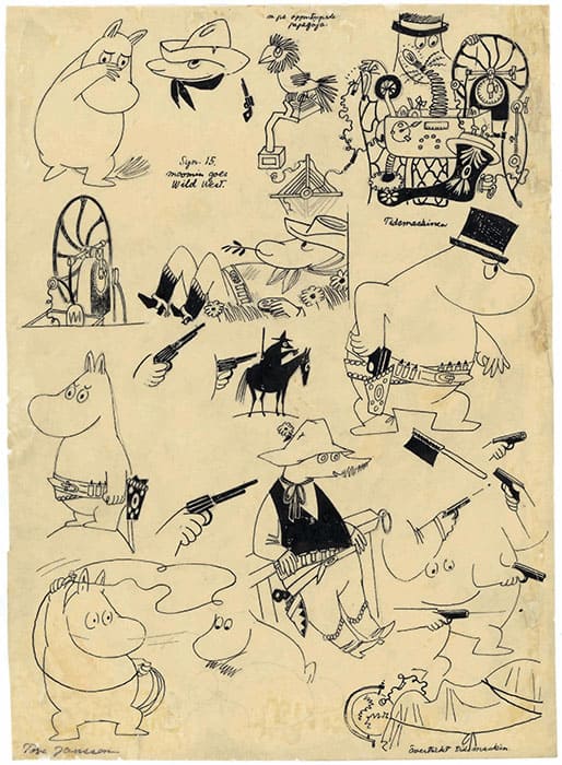 トーベ・ヤンソン 新聞連載マンガ「タイムマシンでワイルドウエスト」キャラクタースケッチ
1957年頃 インク、紙 ムーミンキャラクターズコレクション
© Moomin Characters™