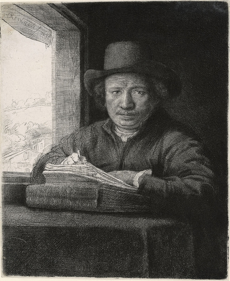 レンブラント・ハルメンスゾーン・ファン・レイン 《窓辺でエッチングを制作する自画像》1648年 エッチング、ドライポイント レンブラント・ハウス美術館