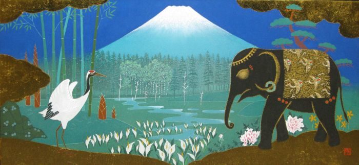 笑うツルとゾウ 30×65cm