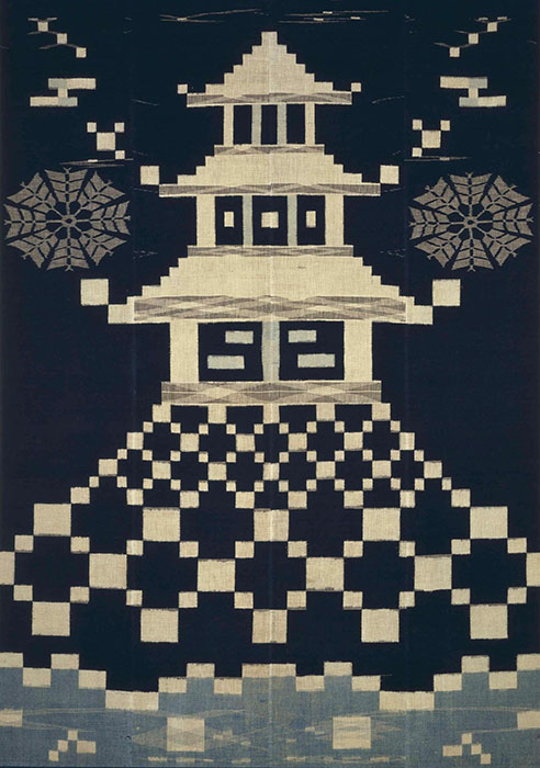 紺地城文様夜具地（部分）久留米　明治時代　19世紀　日本民藝館蔵