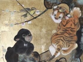 中西瑛理香「まだかえりたくない」 65.2×65.2×2.5cm 麻紙、洋金箔、水干、岩絵具、墨