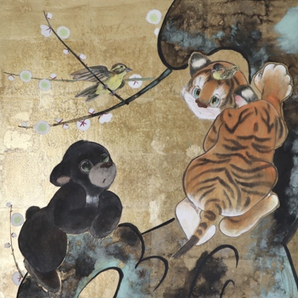 中西瑛理香「まだかえりたくない」 65.2×65.2×2.5cm 麻紙、洋金箔、水干、岩絵具、墨