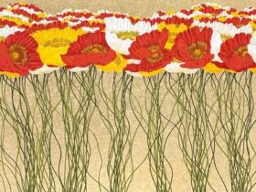 「イロノツラナリ」 ⾦箔・岩絵具・典具帖紙・神郷紙 2025年 140 × 60 cm