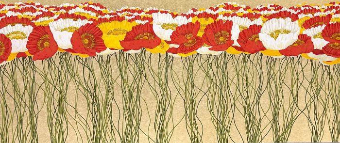 「イロノツラナリ」 ⾦箔・岩絵具・典具帖紙・神郷紙 2025年 140 × 60 cm