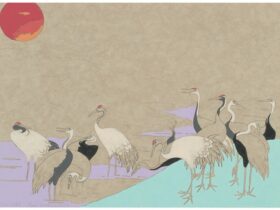 「温故知新 ドローイングシリーズ n.36-gru（鶴）」 21&times;29.7cm、和紙、鉛筆、インク、アクリル絵具