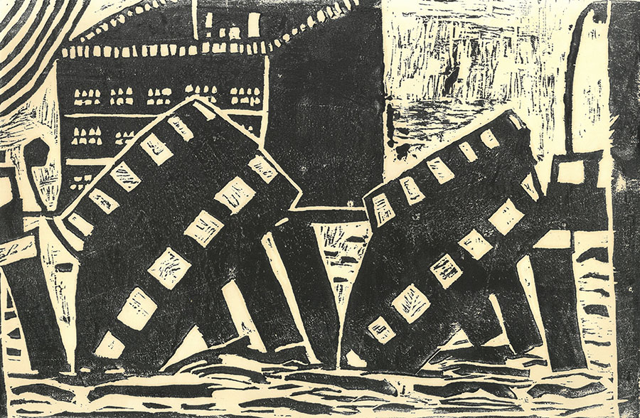 児童作品《昭和大橋》1964年、木版　新潟市立南万代小学校蔵