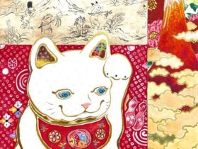 藤原宇希子 「猫じゃらしと富士」 雲肌麻紙に岩絵具・墨・富士山の溶岩 SM