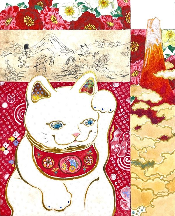 藤原宇希子 「猫じゃらしと富士」 雲肌麻紙に岩絵具・墨・富士山の溶岩 SM