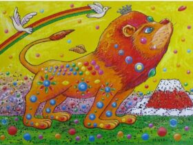 石川茂【皇帝ライオンと赤富士】アクリル画、F4号