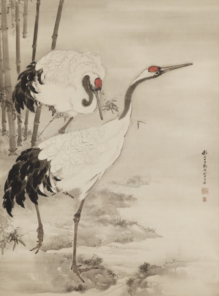 《竹陰双鶴図》伝岸駒、江戸時代後期