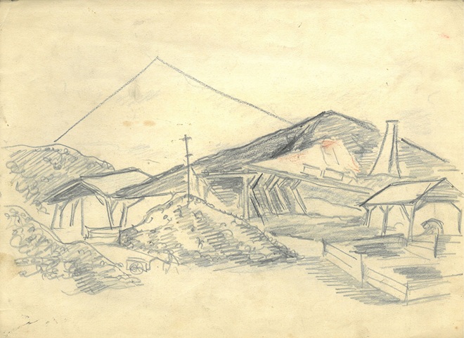 富山妙子《炭坑でのドローイング：1950年代》1950年代 鉛筆・紙 個人蔵 ©TOMIYAMA Taeko