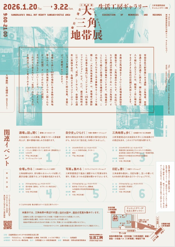 三軒茶屋,三角地帯,大三角地帯,世田谷区,地域史,都市の記憶,参加型展示,生活文化,路地空間,ヤミ市,記録と記憶,ワークショップ,スタディツアー,世田谷文化財団,生活工房,都市文化,ローカルヒストリー,写真と記憶,編集的展示,キャロットタワー,