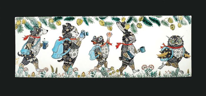 線描色絵金彩陶額

　「みんなで歩いてお出かけ」　

縦16×横45cm（陶板サイズ）