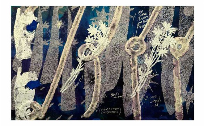 《Enchanted（幸運）》32cm×21cm、アクリル絵の具、顔料、糊、金彩箔（2025）