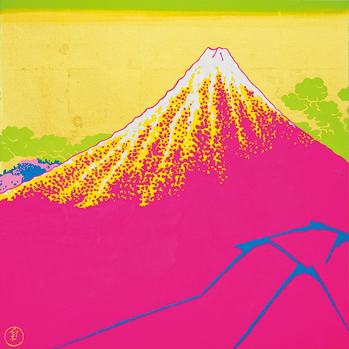 「Pink Mt.Fuji with blue thunder and green cloud」53.0×53.0cm
