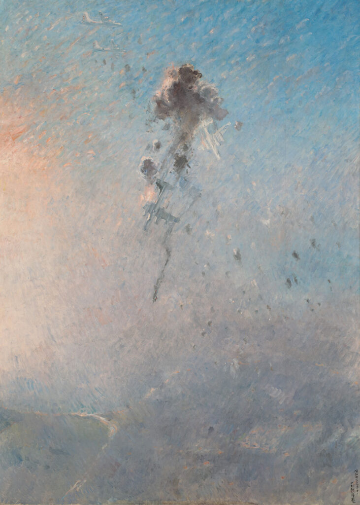 中村研一《北九州上空野辺軍曹機の体当りB29二機を撃墜す》1945年 東京国立近代美術館蔵（アメリカ合衆国より無期限貸与）