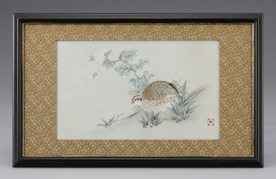 三代加藤善治・瓢池園・都永晞《上絵鶉図陶板》明治29年
