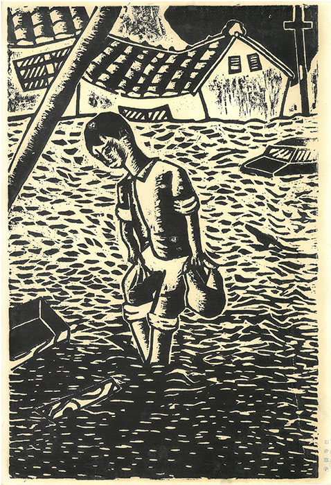 小学6年生作品《ひなん》1964年（新潟地震発生当時）、木版、新潟市立南万代小学校蔵