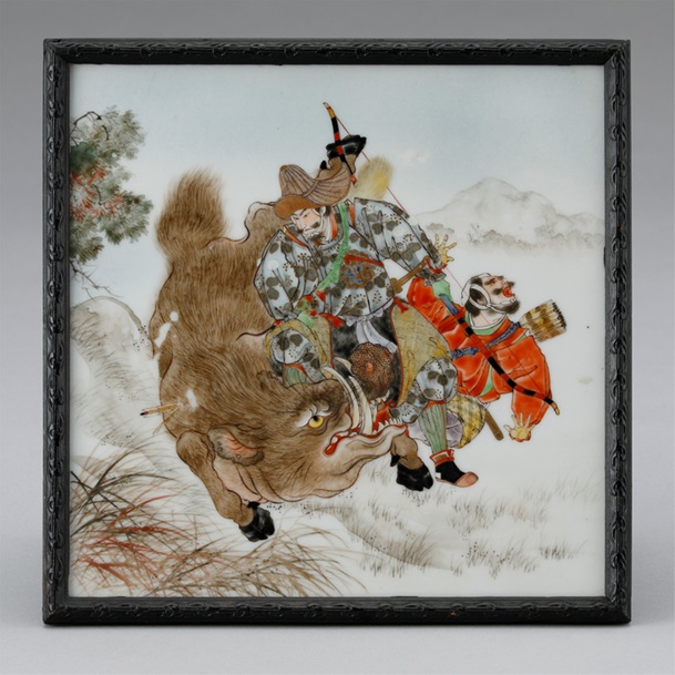 山下民松《上絵武者図陶板》明治時代中期～後期

