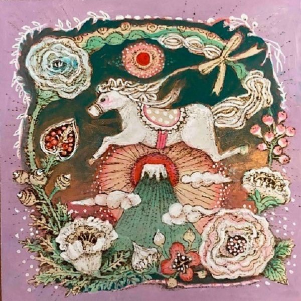 米増由香
「飛びこえる」
ベニヤ板にウッドバーニング、アクリルガッシュ着色
25×25㎝