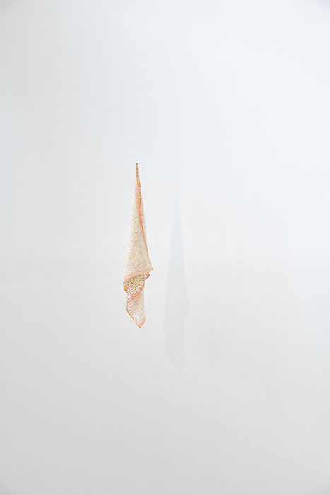 福田尚代《アイスハーケン、そしてアイリス》2018-2024年 脱色されたハンカチに刺繍 個人蔵 撮影:坂田峰夫