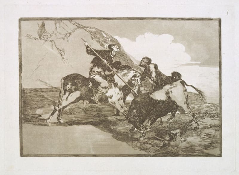 《1番 昔のスペイン人が原野で馬に乗って牡牛を狩る方法》1816年（初版）エッチング、アクアチント、バーニッシャー、ドライポイント
