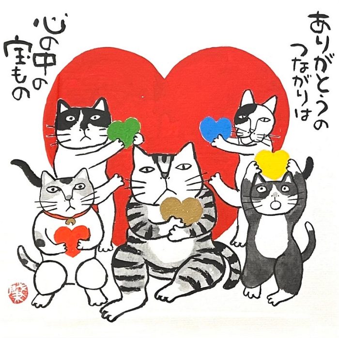 岡本肇 「ありがとうのつながりは心の中の宝物」 墨、アクリル 25 × 25 ㎝（イメージサイズ）