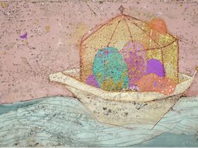 「箱舟」（15.8×22.7㎝） （SM）岩絵具、色土、金箔、金泥