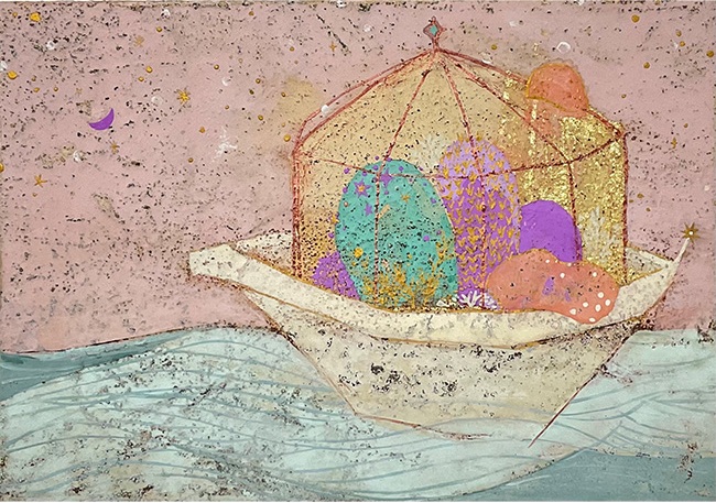 「箱舟」(15.8×22.7㎝) (SM)岩絵具、色土、金箔、金泥