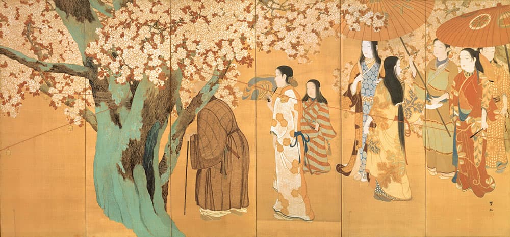 今村紫紅《護花鈴》絹本着色・六曲屏風一双（図は右隻）　明治44年（1911）　各170.2×364.4cm　霊友会妙一コレクション（展示期間：4月25日～5月8日）